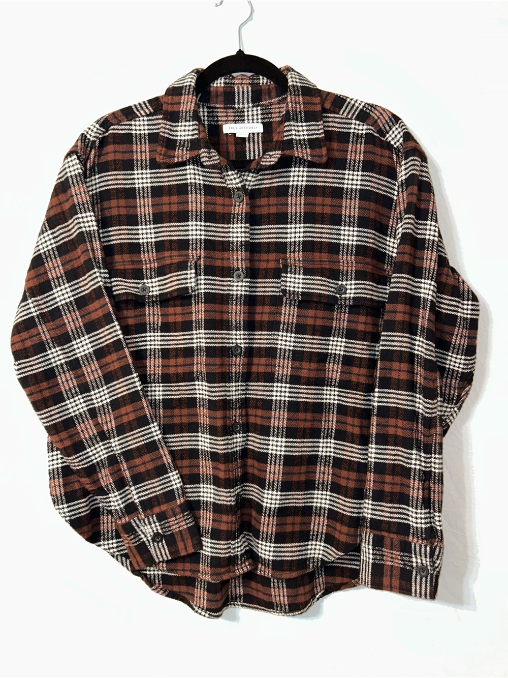 Free Assembly Classic Plaid Flannel Shirt Shacket Brown/Black/White Large